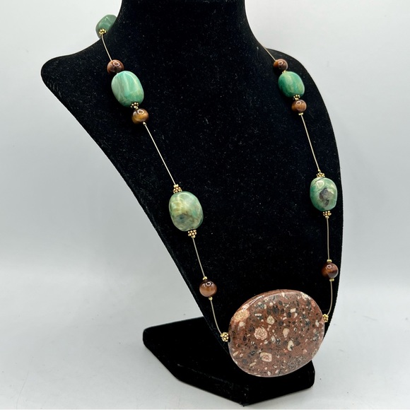 Artisan gemstone necklace chunky heavy brown & green stone beads 25” - Picture 6 of 11